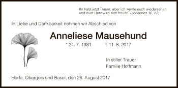 Traueranzeige von Anneliese Mausehund von Hersfeld