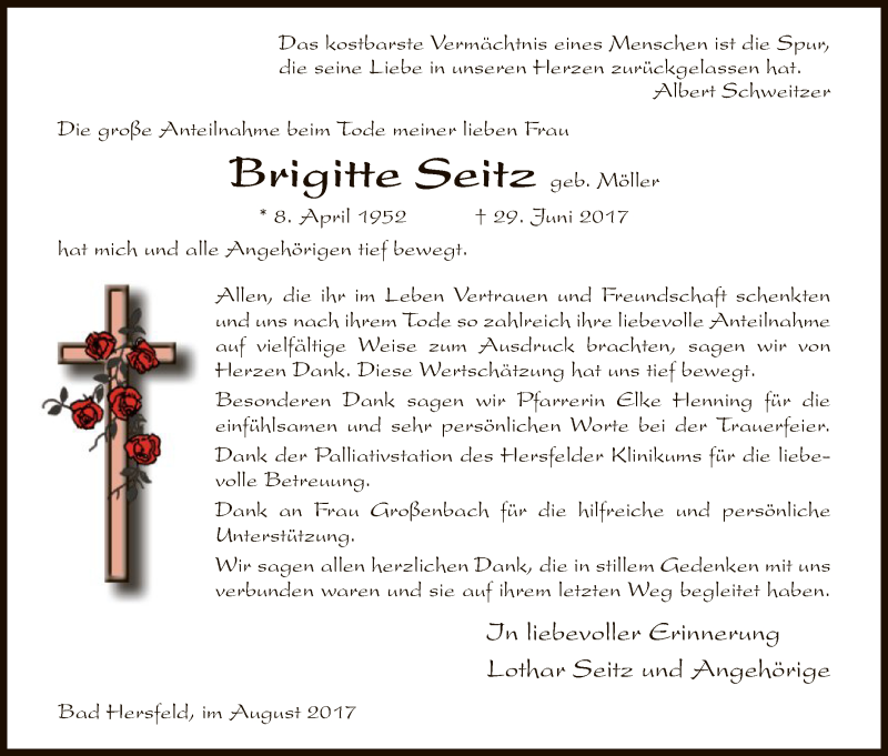  Traueranzeige für Brigitte Seitz vom 05.08.2017 aus Hersfeld