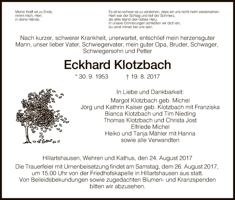  Traueranzeige für Eckhard Klotzbach vom 24.08.2017 aus Hersfeld