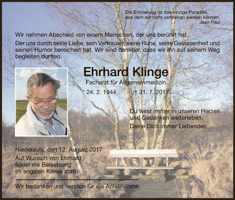  Traueranzeige für Ehrhard Klinge vom 12.08.2017 aus Hersfeld