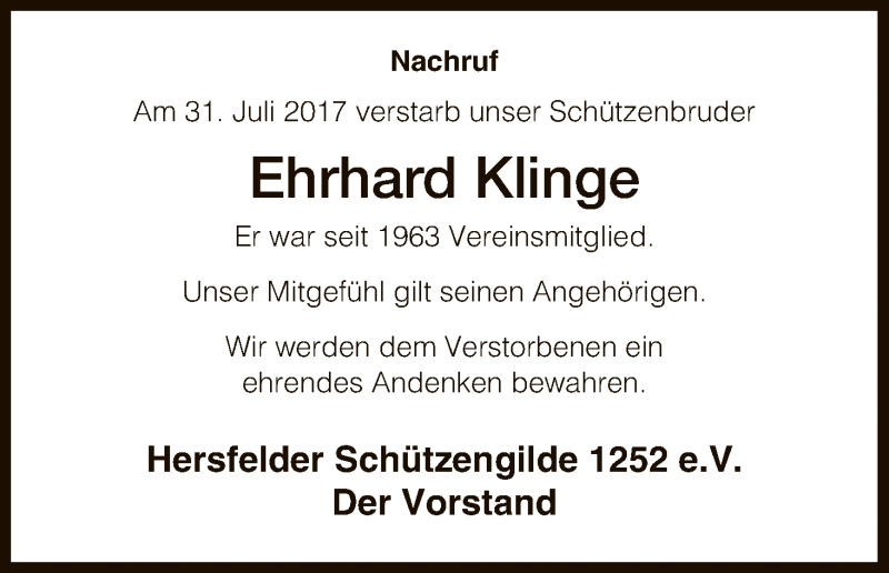  Traueranzeige für Ehrhard Klinge vom 23.08.2017 aus Hersfeld