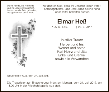 Traueranzeige von Elmar Heß von Hersfeld