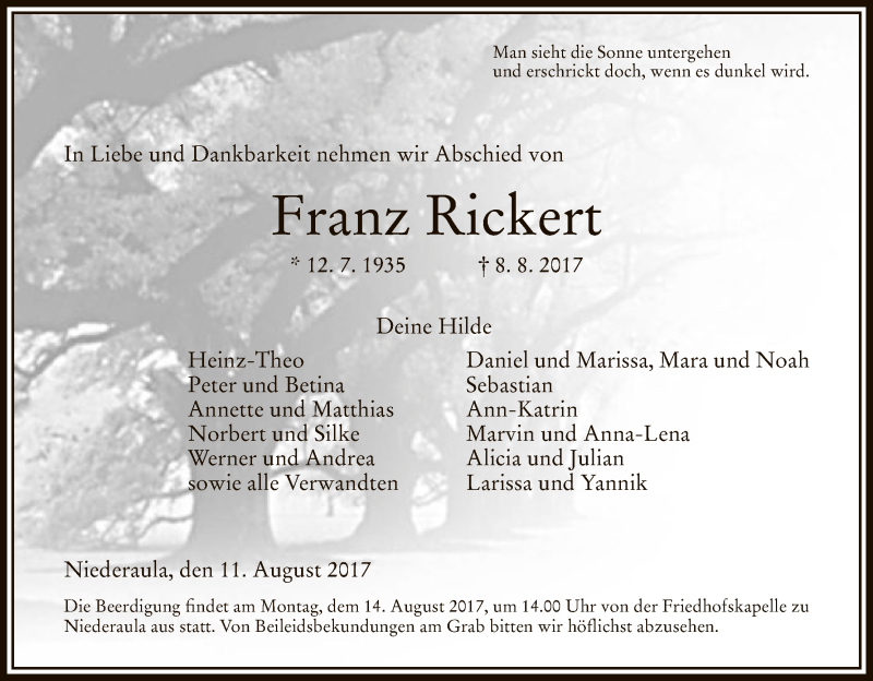  Traueranzeige für Franz Rickert vom 11.08.2017 aus Hersfeld