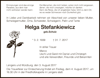 Traueranzeige von Helga Stefankiewicz von Hersfeld