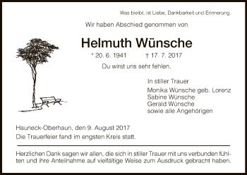 Traueranzeige von Helmuth Wünsche von Hersfeld