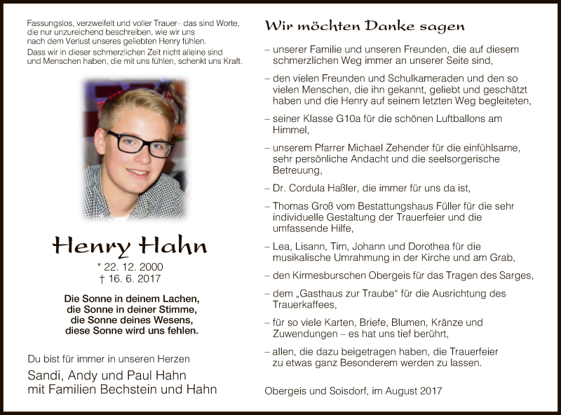  Traueranzeige für Henry Hahn vom 19.08.2017 aus Hersfeld
