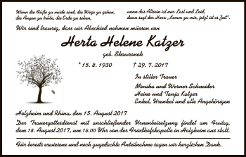 Traueranzeige von Herta Helene Katzer von Hersfeld