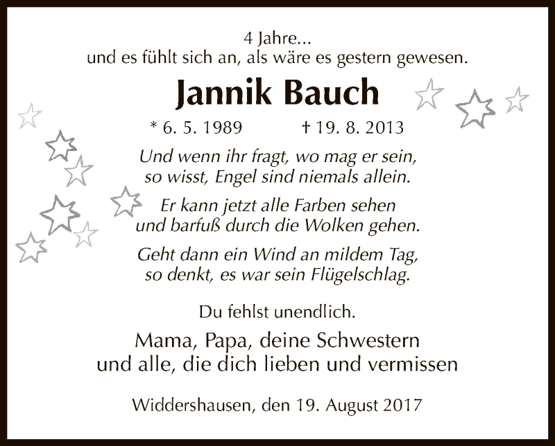  Traueranzeige für Jannik Bauch vom 19.08.2017 aus Hersfeld