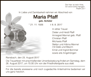 Traueranzeige von Maria Pfaff von Hersfeld