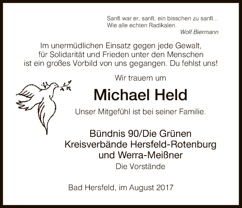  Traueranzeige für Michael Held vom 11.08.2017 aus Hersfeld