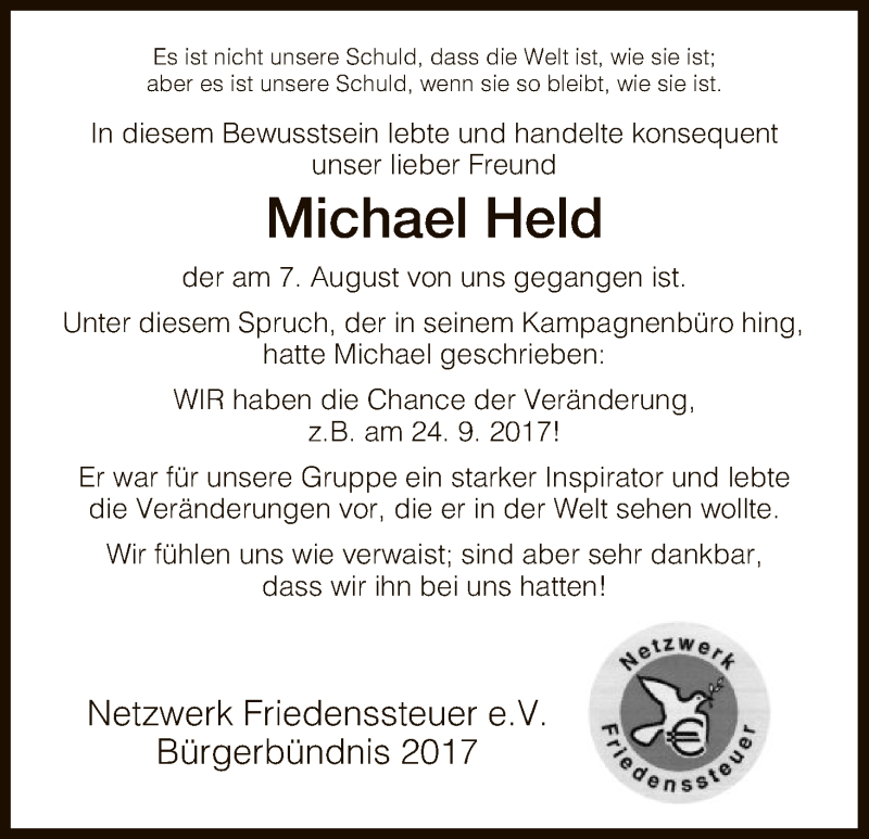  Traueranzeige für Michael Held vom 12.08.2017 aus Hersfeld