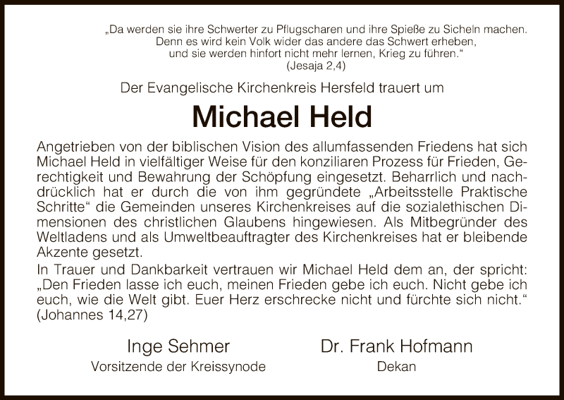  Traueranzeige für Michael Held vom 10.08.2017 aus Hersfeld