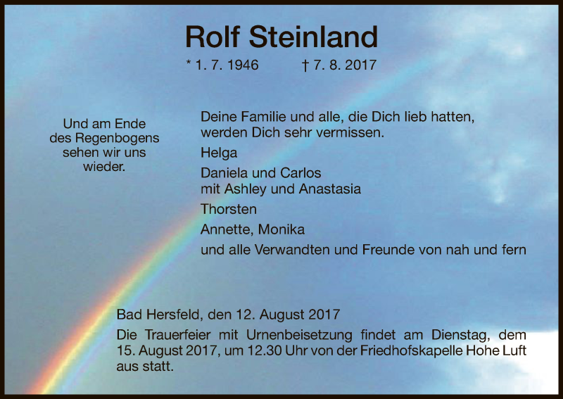  Traueranzeige für Rolf Steinland vom 12.08.2017 aus Hersfeld