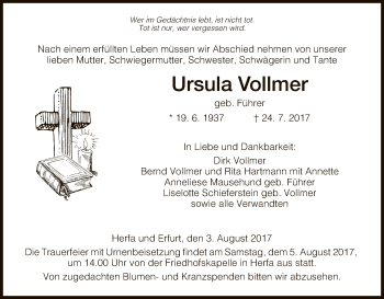 Traueranzeige von Ursula Vollmer von Hersfeld