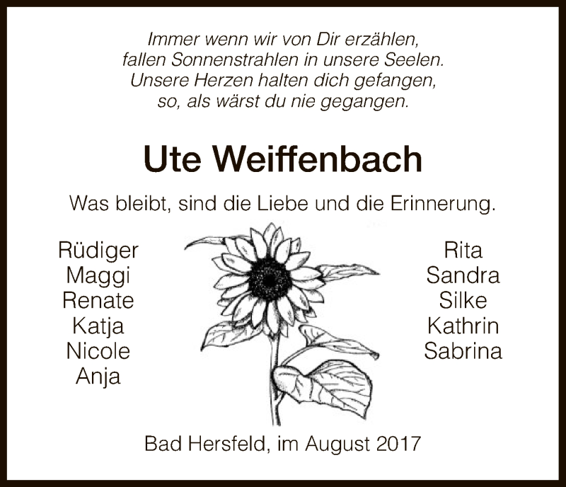  Traueranzeige für Ute Weiffenbach vom 28.08.2017 aus Hersfeld