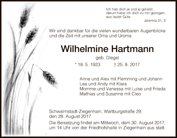 Traueranzeige von Wilhelmine Hartmann von Hersfeld