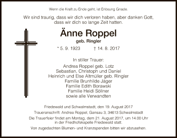 Traueranzeige von Änne Roppel von Hersfeld