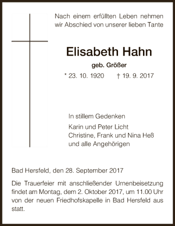 Traueranzeige von Elisabeth Hahn von Hersfeld