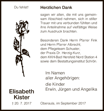 Traueranzeige von Elisabeth Kister 