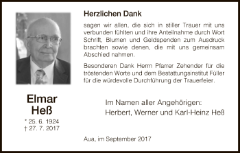 Traueranzeige von Elmar Heß von Hersfeld