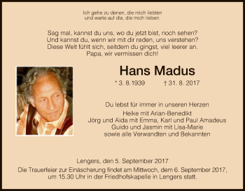 Traueranzeige von Hans Madus von Hersfeld