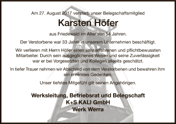 Traueranzeige von Karsten Höfer von Hersfeld