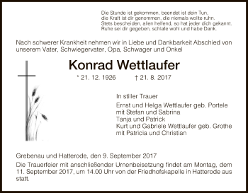 Traueranzeige von Konrad Wettlaufer von Hersfeld