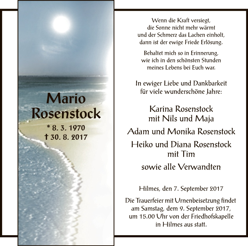  Traueranzeige für Mario Rosenstock vom 07.09.2017 aus Hersfeld