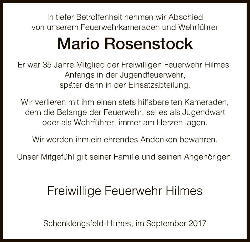  Traueranzeige für Mario Rosenstock vom 07.09.2017 aus Hersfeld