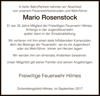 Traueranzeige von Mario Rosenstock von Hersfeld