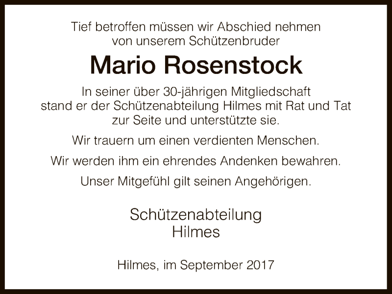  Traueranzeige für Mario Rosenstock vom 09.09.2017 aus Hersfeld