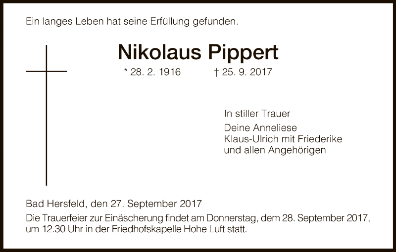  Traueranzeige für Nikolaus Pippert vom 27.09.2017 aus Hersfeld