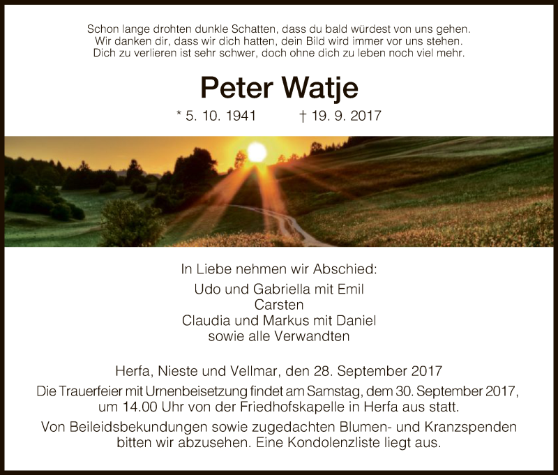  Traueranzeige für Peter Watje vom 28.09.2017 aus Hersfeld