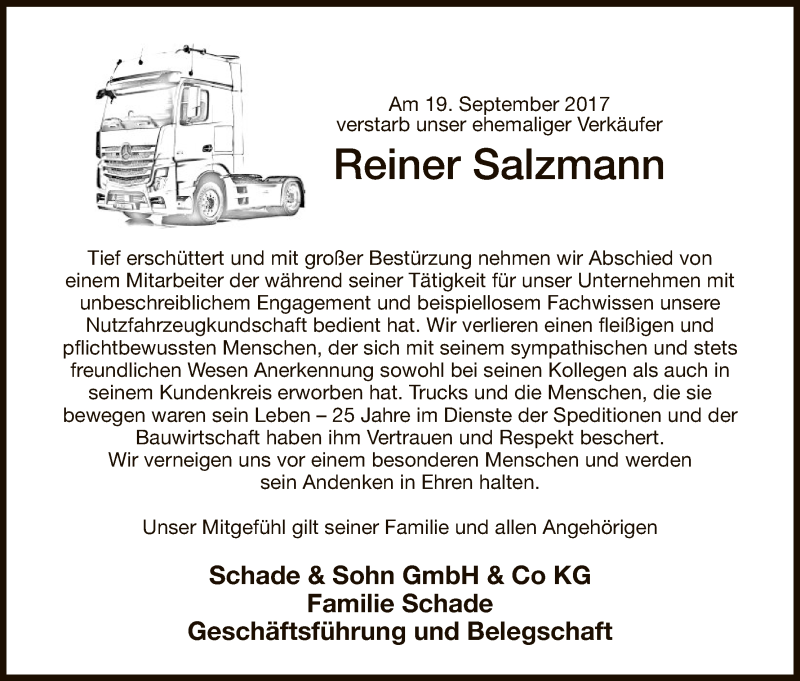  Traueranzeige für Reiner Salzmann vom 22.09.2017 aus Hersfeld