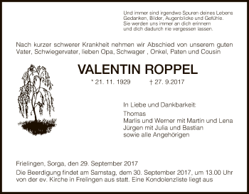 Traueranzeige von Valentin Roppel von Hersfeld