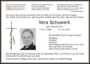 Traueranzeige von Vera Schuwerk von Hersfeld