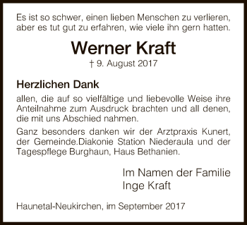 Traueranzeige von Werner Kraft von Hersfeld