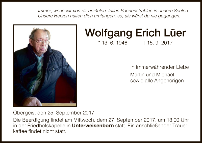  Traueranzeige für Wolfgang Erich Lüer vom 25.09.2017 aus Hersfeld