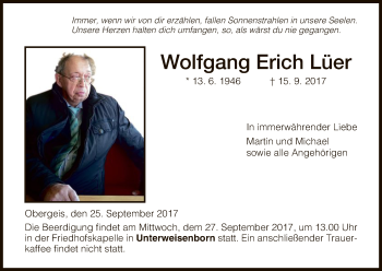 Traueranzeige von Wolfgang Erich Lüer von Hersfeld