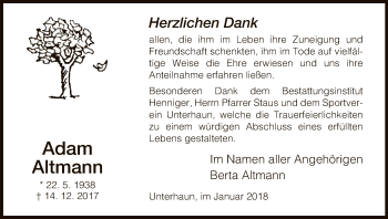 Traueranzeige von Adam Altmann von Hersfeld