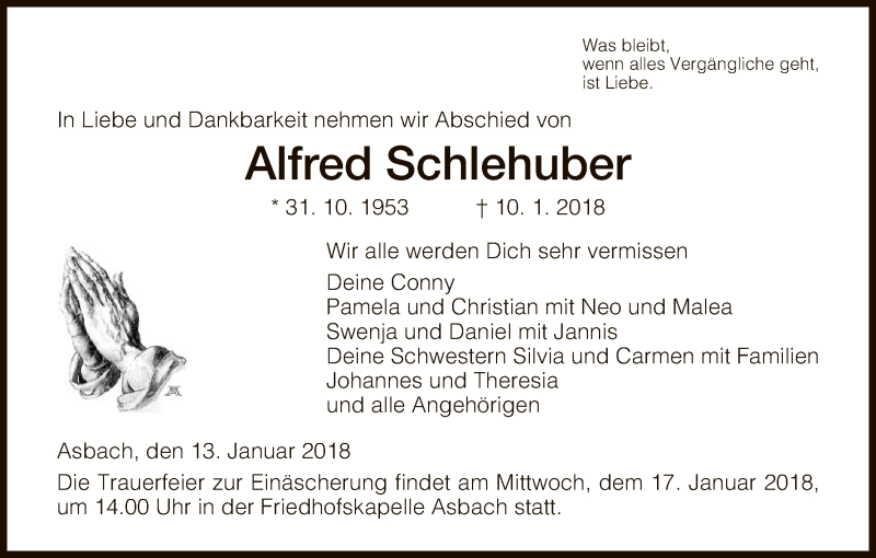  Traueranzeige für Alfred Schlehuber vom 13.01.2018 aus Hersfeld