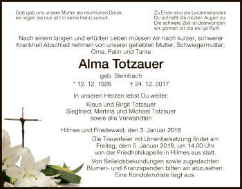 Traueranzeige von Alma Totzauer von Hersfeld