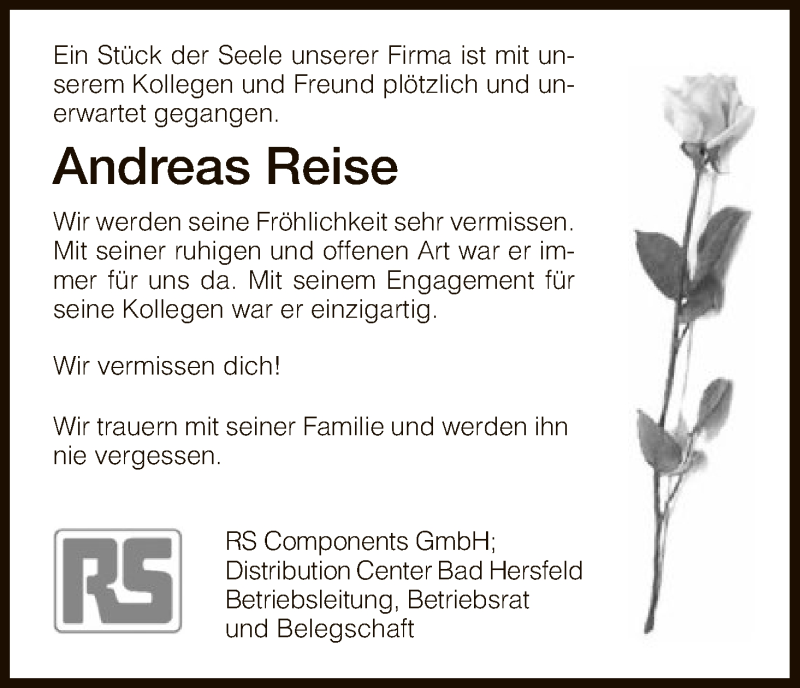  Traueranzeige für Andreas Reise vom 06.01.2018 aus Hersfeld