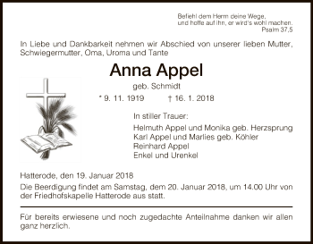 Traueranzeige von Anna Appel von Hersfeld