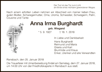 Traueranzeige von Anna Irma Burghardt von Hersfeld