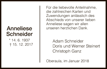 Traueranzeige von Anneliese Schneider von Hersfeld