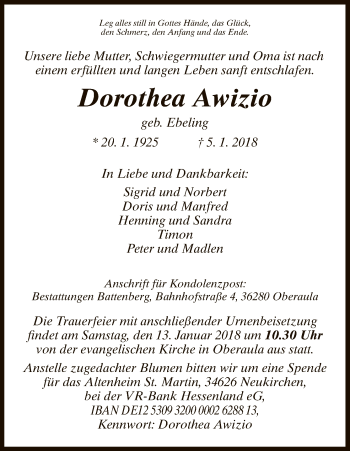 Traueranzeige von Dorothea Awizio von Hersfeld