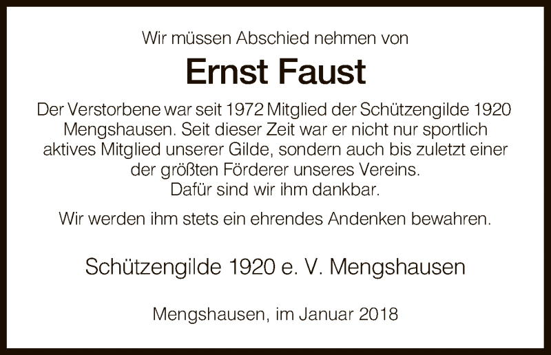  Traueranzeige für Ernst Faust vom 06.01.2018 aus Hersfeld