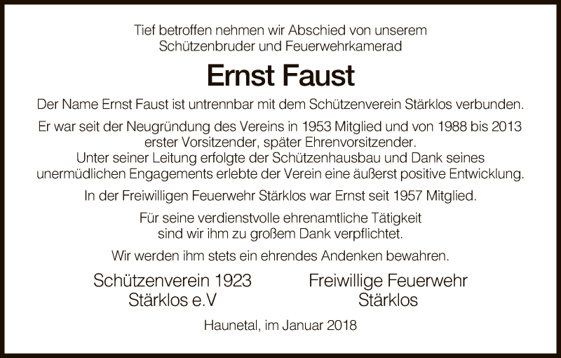  Traueranzeige für Ernst Faust vom 06.01.2018 aus Hersfeld