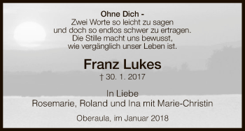 Traueranzeige von Franz Lukes von Hersfeld